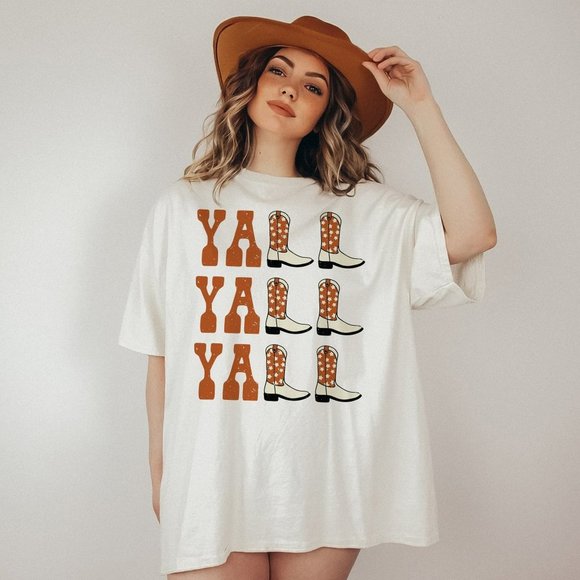 SimplyBeverly Tops - Yall Yall Yall Burnt Orange Cowboy Cowgirl Western Boot White T shirt